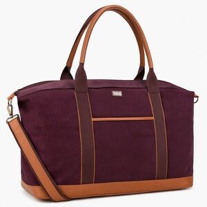 DSW Plum Corduroy Tan Faux Leather Weekender Travel Duffel Bag detachable Strap